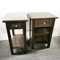 Two handmade oak single drawer side tables, one with plate glass top, largest 66 x 50 x 33cm.