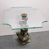 A heavy metal and plate glass side table, H. 48cm, W. 56cm.