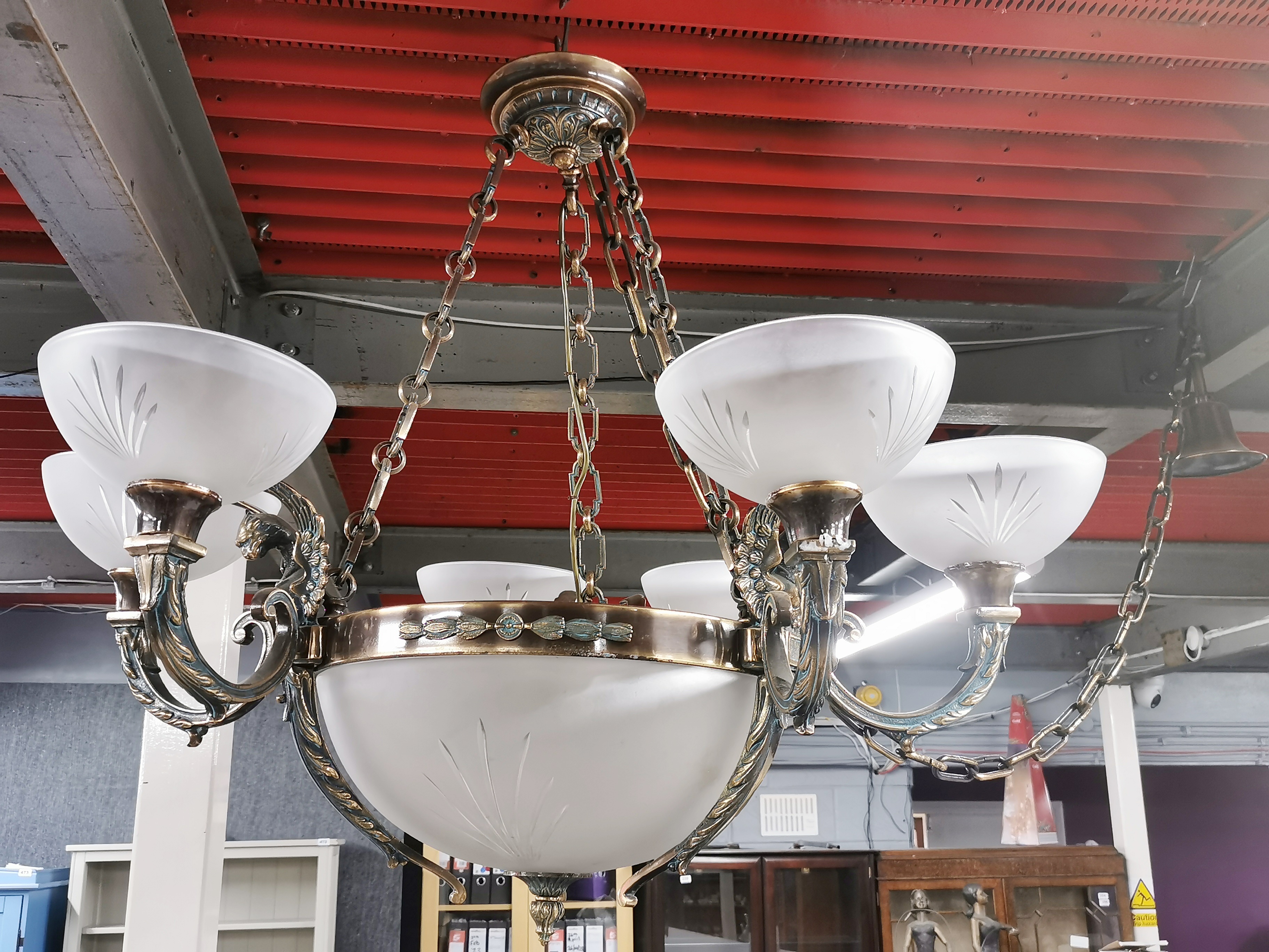 A superb large bronze and cut frosted glass ceiling light, Dia. 96cm. - Image 3 of 8