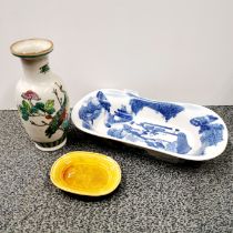 A Chinese hand painted porcelain dish, W. 30cm, together wih a Chinese porcelain vase and Imperial
