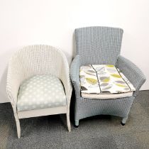 A blue finished wicker armchair and a cream finished wicker tub chair, tallest H. 85cm.