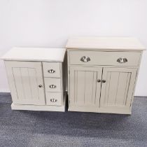 Two handmade cream and beige finished cabinets with metal handles, largest 81 x 76 x 38cm.