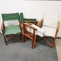 Five hardwood and canvas folding director's chairs, two cream and three green, H. 85cm.