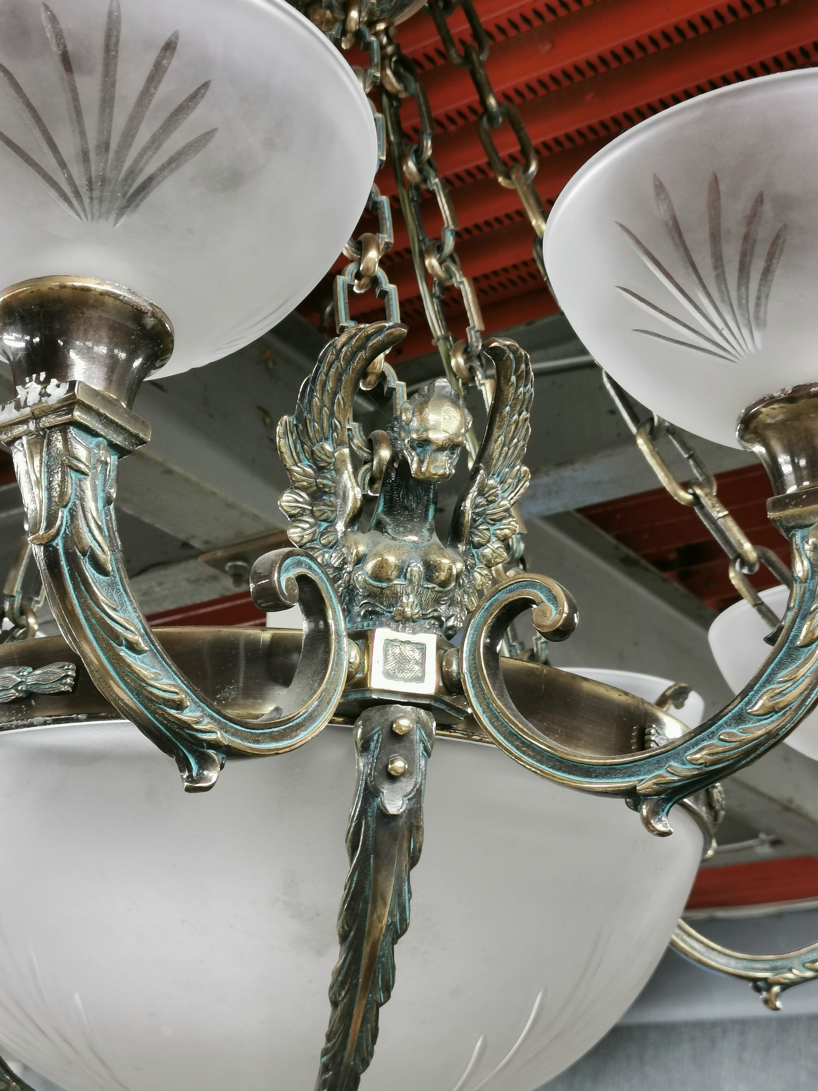 A superb large bronze and cut frosted glass ceiling light, Dia. 96cm. - Image 6 of 8