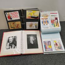Two albums of comic and other postcards together with an album of photographs of Marylin Monroe.