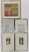 Two framed ink and wash sketches of Venice, together with two framed limited edition prints by Simon