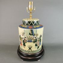 A Chinese hand enamelled porcelain jar and lid mounted as a lamp base, H. 43cm.