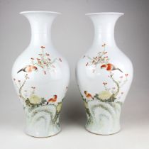 A pair of early/ mid-20th century Chinese hand-painted vases, H. 43cm.