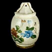 A Chinese hand painted wall mounted brush pot. H. 22cm.