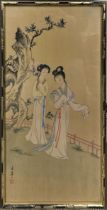 A gilt framed Chinese watercolour of ladies, frame size 27 x 49.5cm.