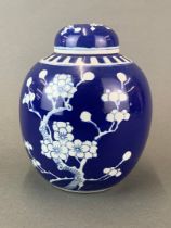 A Chinese prunus pattern porcelain ginger jar and lid, H. 21cm.