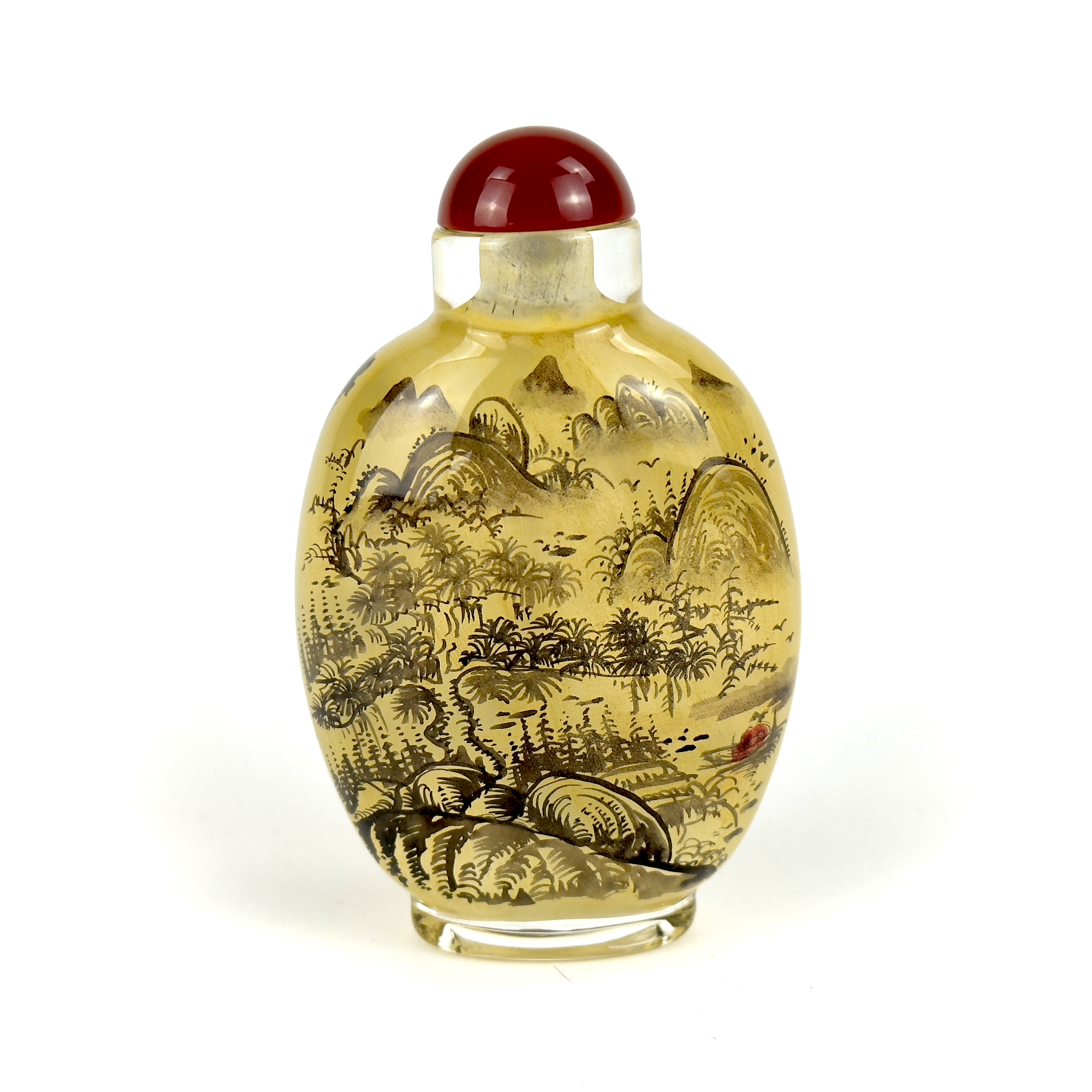 A Chinese inside painted snuff bottle with a red glass stopper, H. 8.7cm. - Bild 2 aus 4