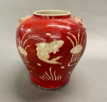 A provincial Chinese sang de boef glazed pottery vase, decorated with fish, H. 28cm.