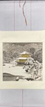 A hand painted Chinese watercolour on paper scroll mounted with silk border of a pagoda in a