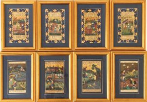 A set of eight framed Mughal watercolour, gilt and inked story panels, frame size 24.5 x 34cm.