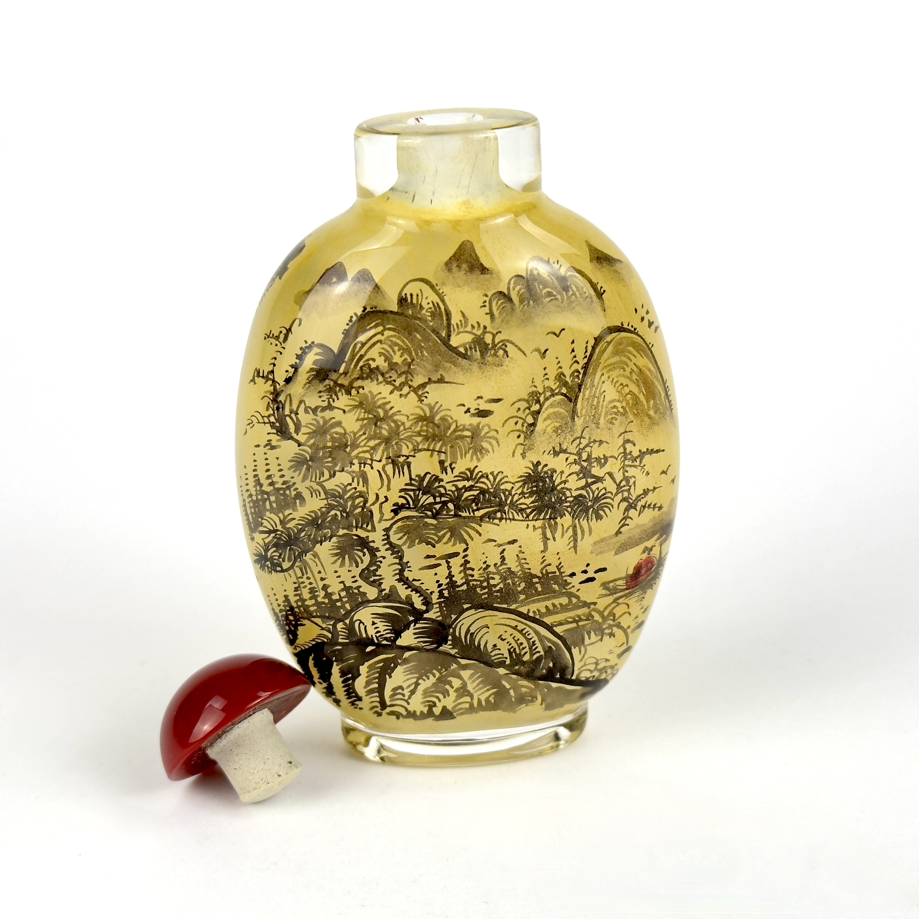 A Chinese inside painted snuff bottle with a red glass stopper, H. 8.7cm. - Bild 3 aus 4