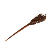 A lovely finely carved Chinese wooden hair pin, L. 18cm.