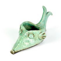 A Chinese turquoise crackle glazed pottery incense holder. H. 11cm.
