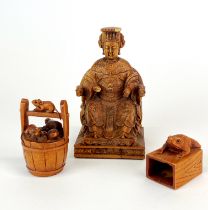A Chinese carved wooden figure of an Empress ( slightly a/f), H. 10cm. together with two carved