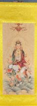 A fine Chinese print on a silk-mounted scroll of the goddess Guanyin, scroll size 67 x 189cm.