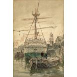 SIDNEY PAUL GOODWIN (BRITISH, 1867-1944) - A QUAYSIDE; A SQUARE RIGGER