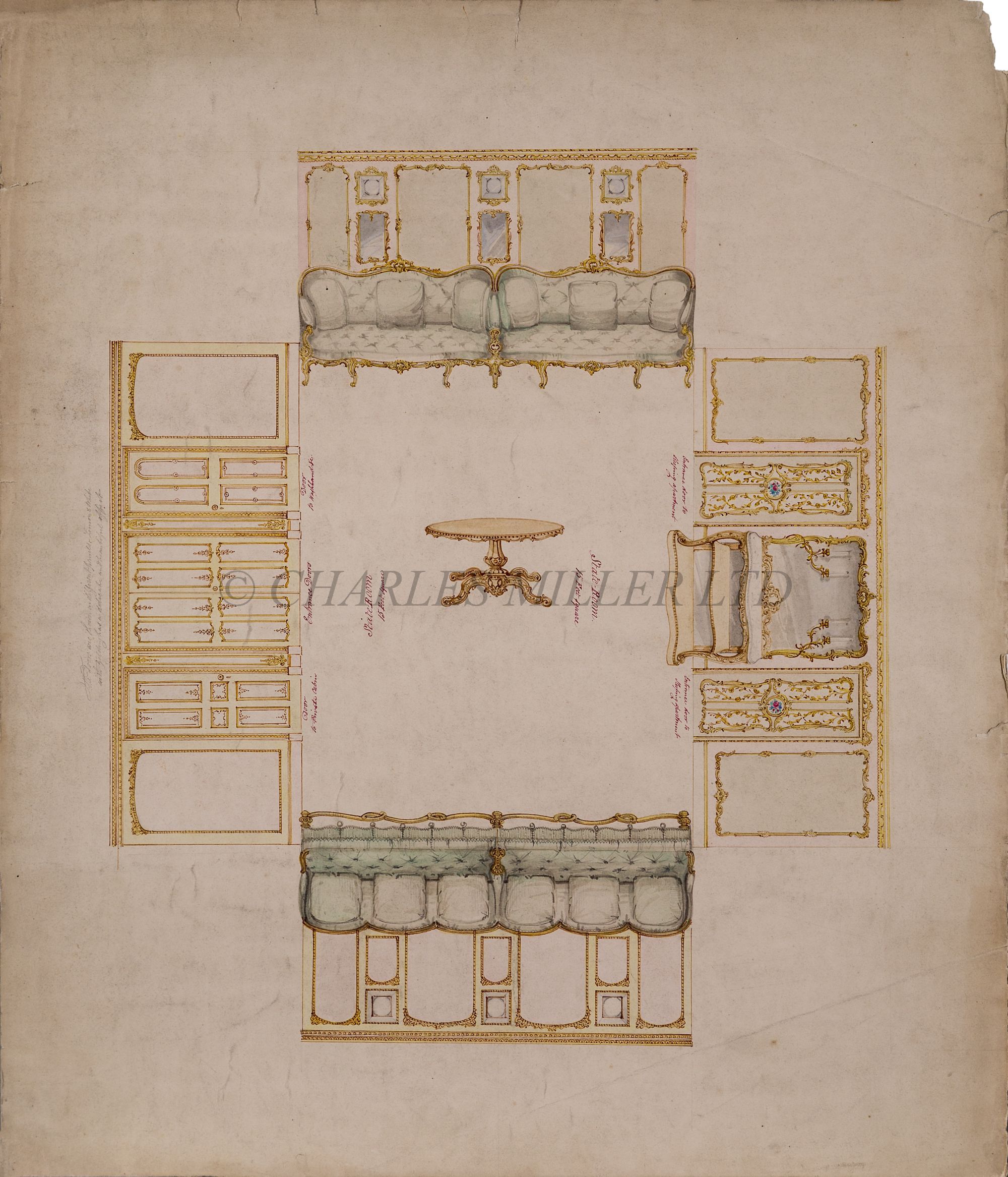 SMALL SALOON CHAIR FROM R.Y. 'FAIRY' AND TWO DESIGNS OF THE STATE ROOM, C. 1845