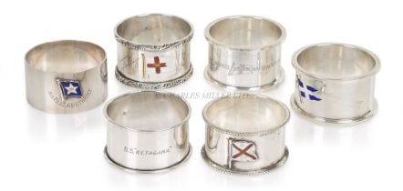 SIX SILVER NAPKIN RINGS FOR ASSORTED SHIPPING COMPANIES