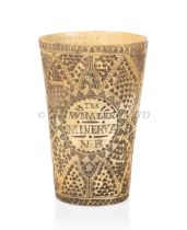 A FINELY CARVED AND SCRIMSHAW-DECORATED HORN BEAKER FROM THE NEW BEDFORD WHALER MINERVA, CAPTAIN