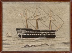A SAILOR'S WOOLWORK PICTURE OF AN IRONCLAD, CIRCA 1860