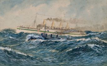 WILL JENEWAY (BRITISH, 1886-1947) The mighty and the strong - H.M. Hospital Ship 'Aquitania' being