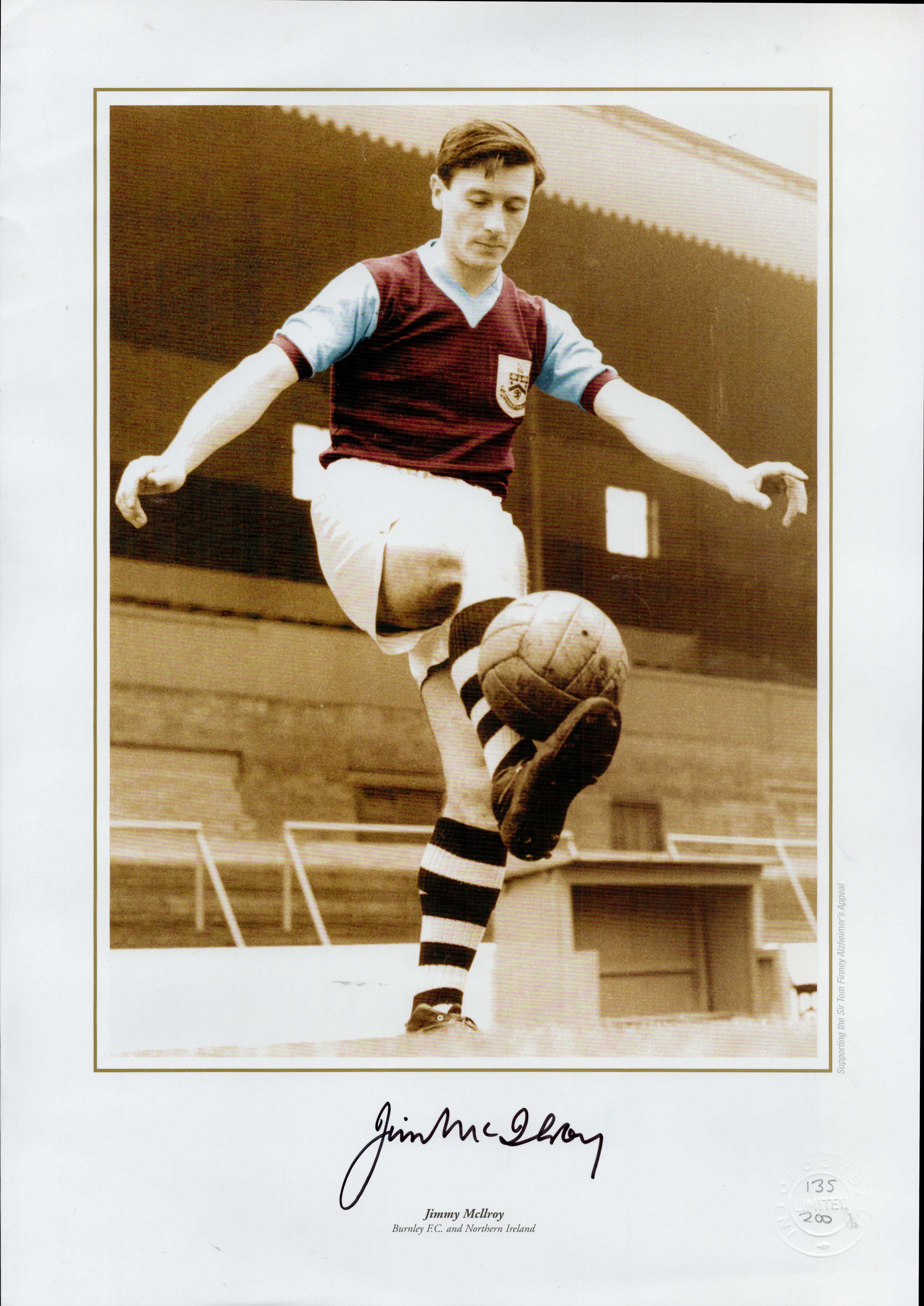 Football Jimmy McIlroy Burnley and Northern Ireland signed 16x12 limited edition colourised print no