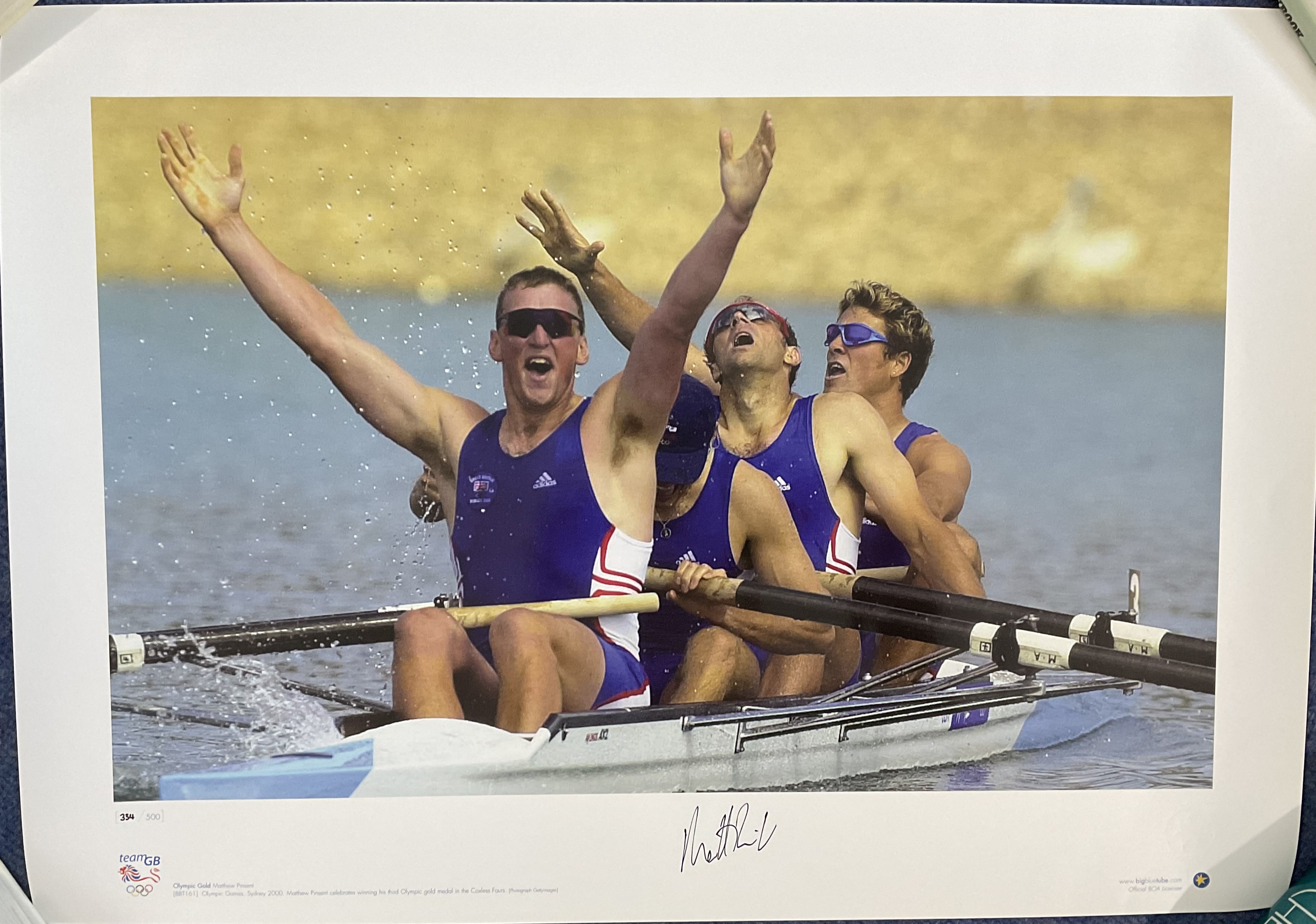 Olympics Rowing Matthew Pinsent Signed Big Blue Tube Edition colour Print. Limited Edition 334 of