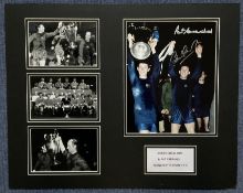 Bobby Charlton and Pat Crerand Signed 10x8 inch Colour Photo, Mounted With Further 3 6x4 inch