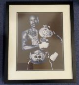 Evander Holyfield signed 20x16 mounted and framed black and white photo with an signed 16oz Red