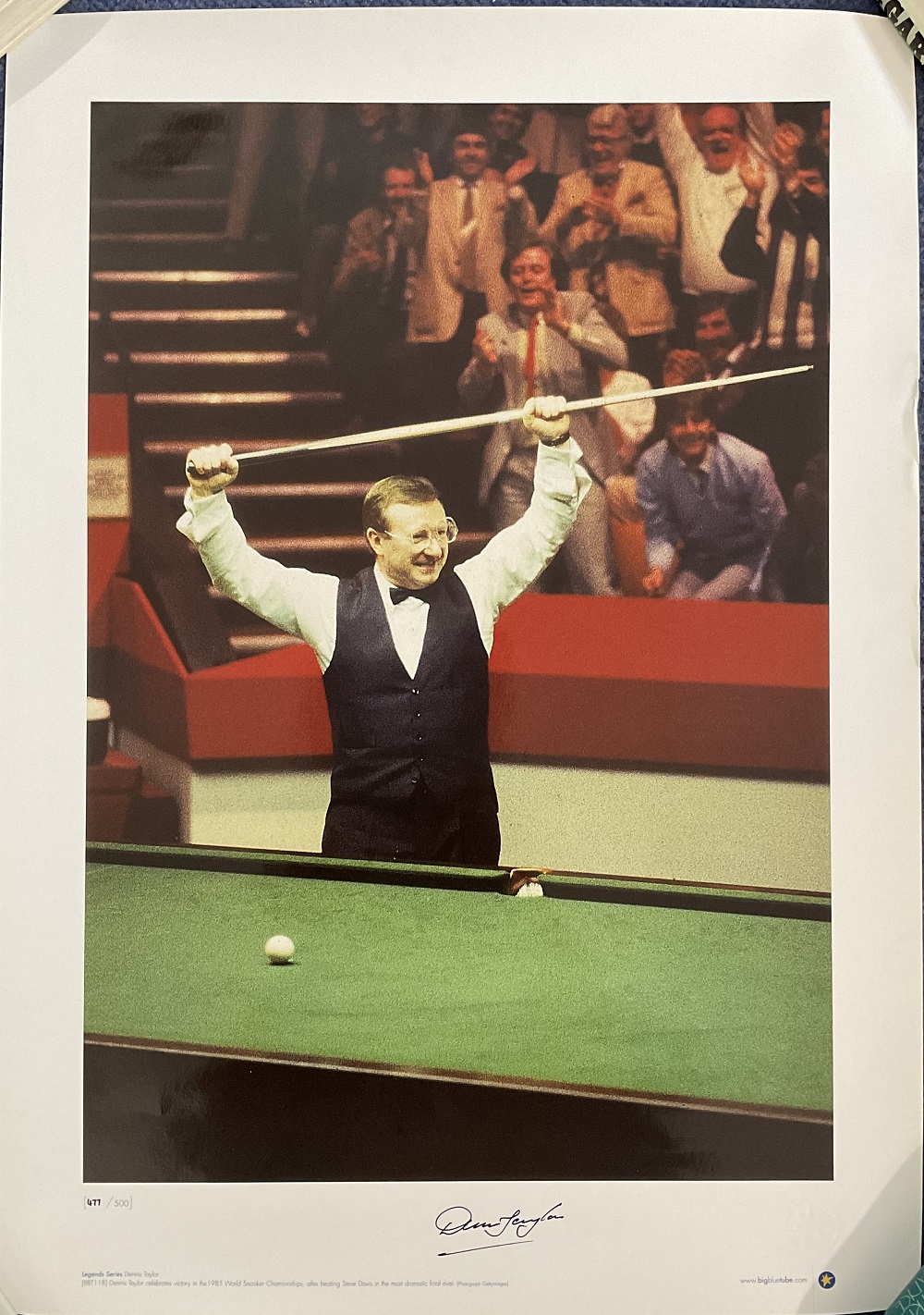 Snooker Legend Dennis Taylor Signed Big Blue Tube Edition Colour Print. Limited Edition 477/500.