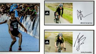 Alistair and Jonny Brownlee signature pieces mounted alongside colour photo. Approx size 20x12. Good