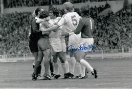 Autographed David Harvey 12 X 8 Photo - B/W, Depicting Leeds United Players Norman Hunter, Gordon