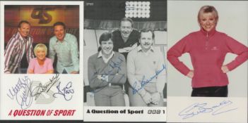 Question of Sport Collection three signed photos signatures include Emlyn Hughes, Bill Beaumont,