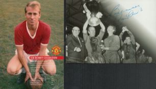 Football Collection of 2 Signed Bobby Charlton 6x4 inch Bio Cards. Good condition. All autographs