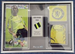 Football Didier Drogba (Chelsea) Matchworn Shirt Cutting in presentation frame measuring 12x8.5