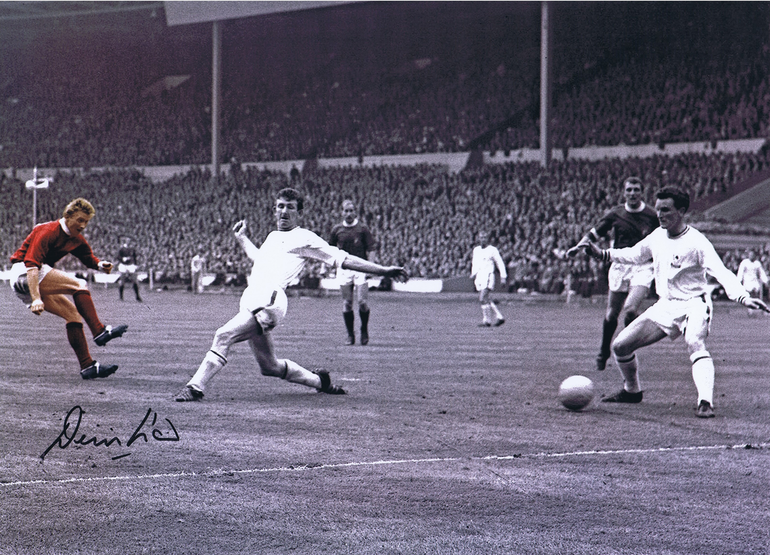 Autographed Denis Law 16 X 12 Photo - Colorized, Depicting A Wonderful Image Showing Manchester