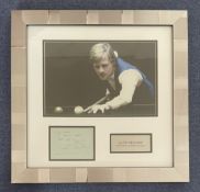 Alex Higgins 18x18 overall size mounted and framed signature piece. Includes coloured photo and