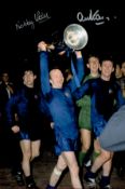 Football. Nobby Stiles and Alex Stepney Signed 12x8 inch Colour Man Utd FC Photo. Signed in silver