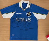 Football Chelsea F. C 97/98 squad multi signed replica home shirt includes 18 signatures such as