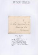 Anthony John Mundella Signed on Front of an Addressed Envelope to Lord Cranbrook. Stamp and Postmark