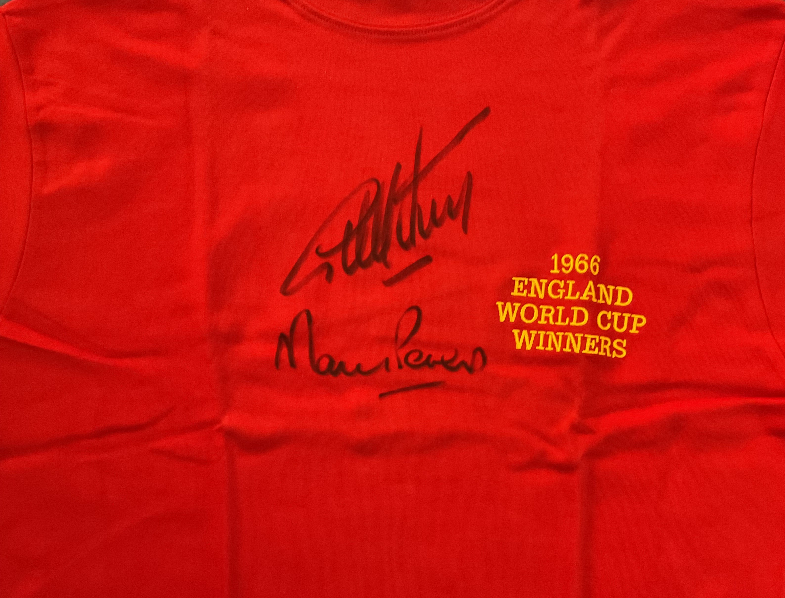 Geoff Hurst and Martin Peters Signed 1966 England World Cup Winners Retro Jersey Size Large. Brand - Image 2 of 2