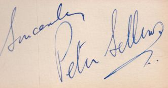 Peter Sellers signed 4x2 approx white card.. All autographs come with a Certificate of Authenticity.