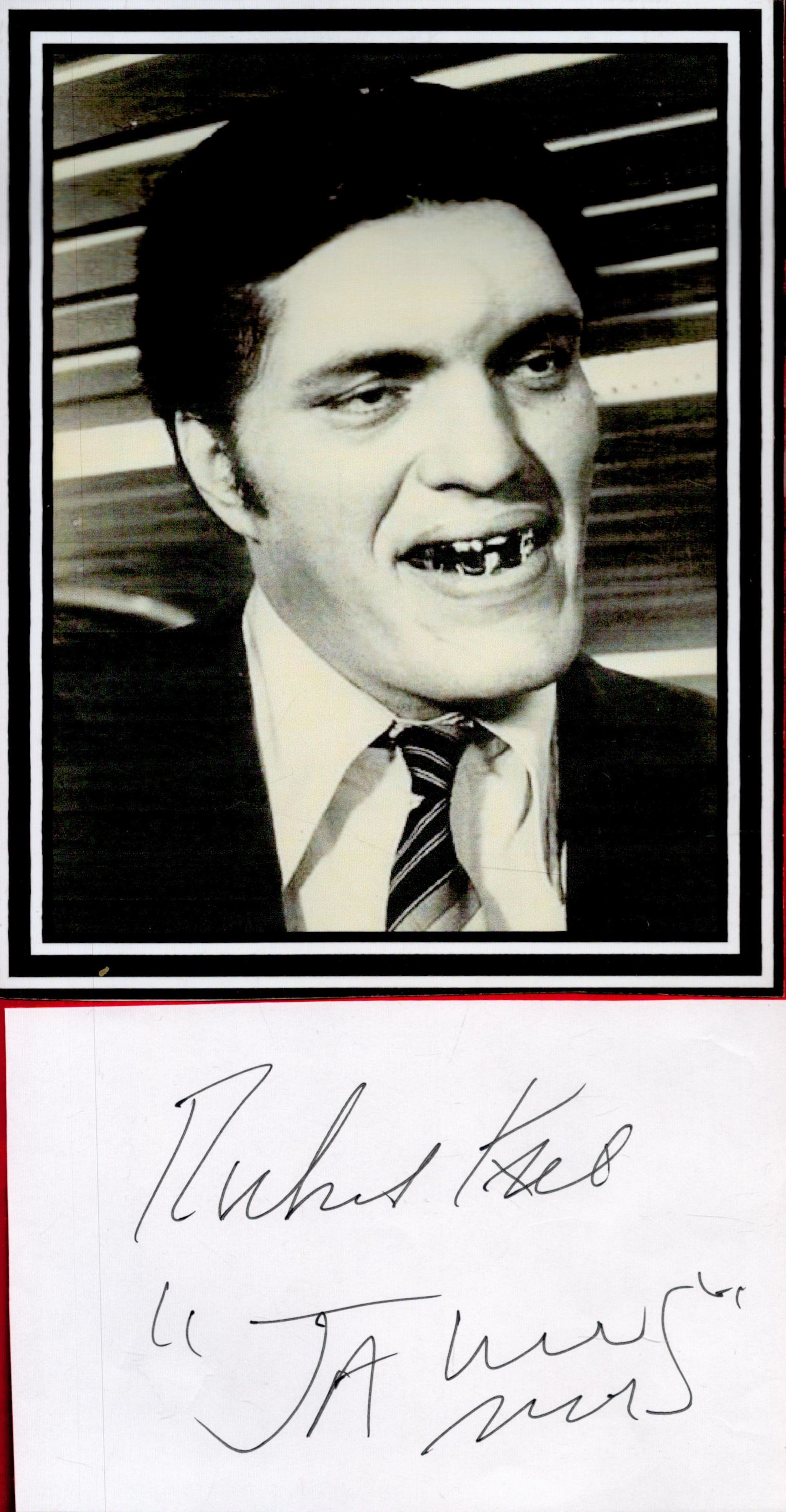 Richard Kiel signed 6x4 approx album page and 7x6 Jaws James Bond black and white photo.. All