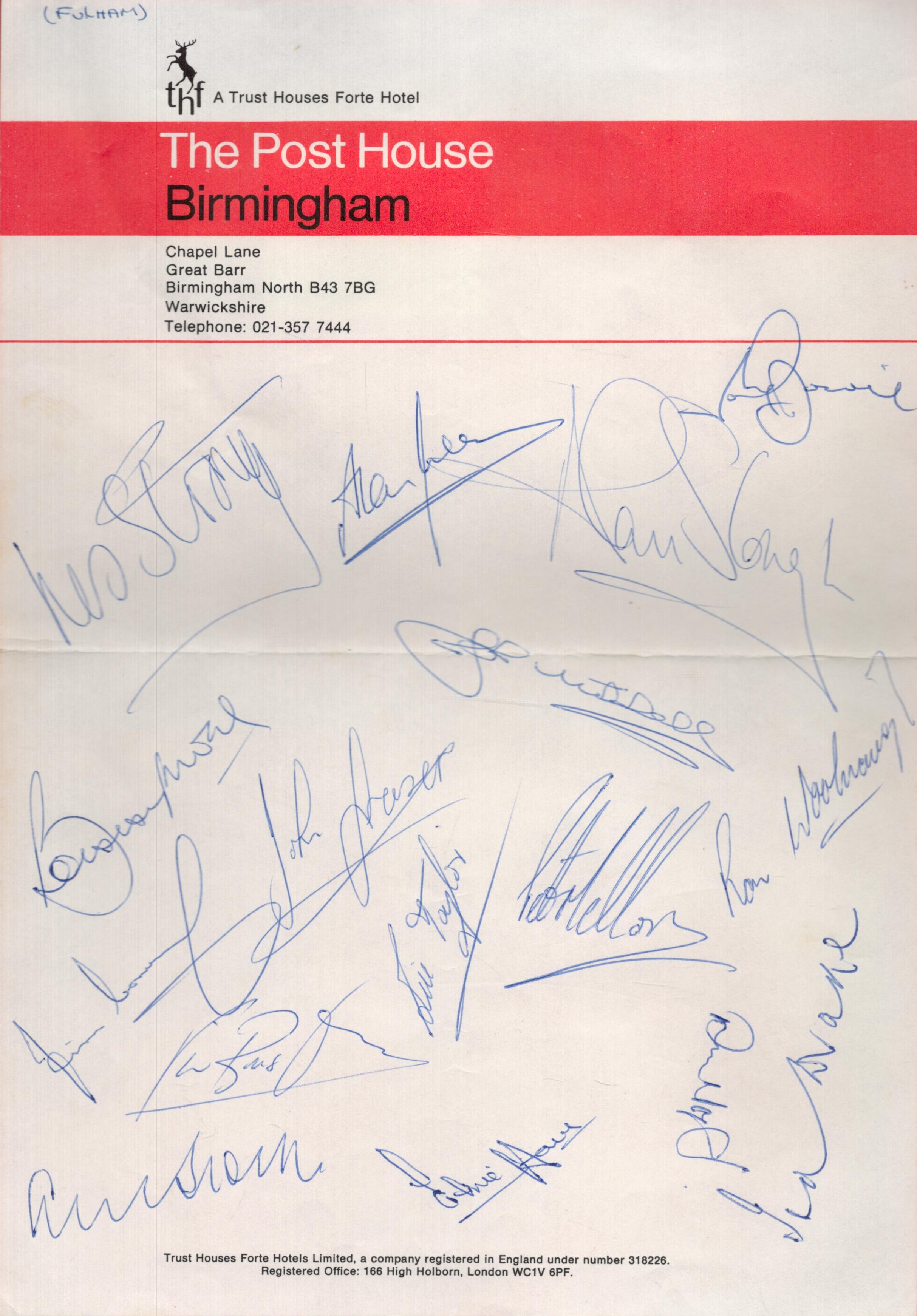 Fulham vintage multi signed sheet includes Bobby Moore, Alan Mullery, Alan Slough, Bill Taylor, John