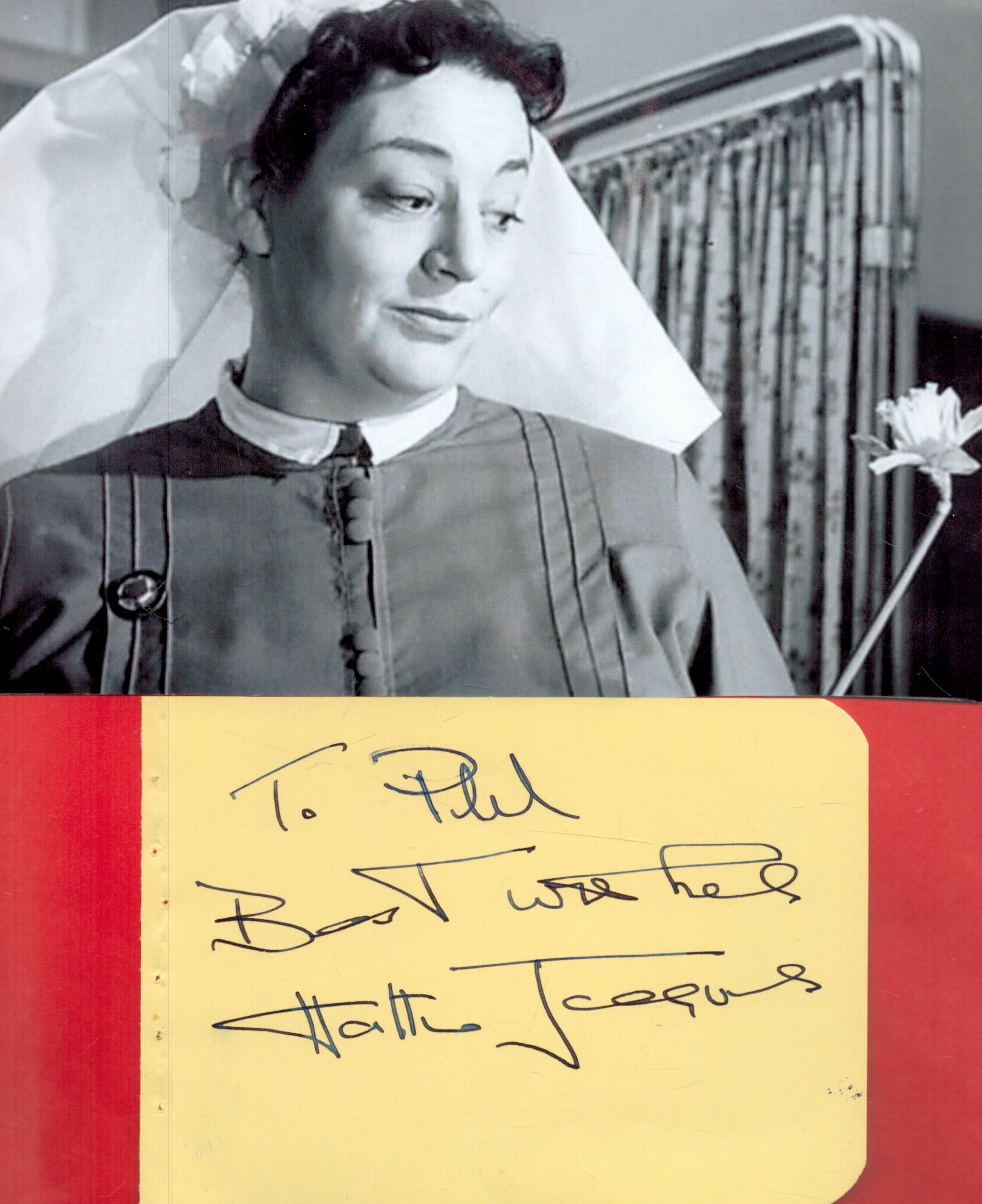 Hattie Jacques Signed Yellow 5x3 inch approx Autograph album Page. Signed in dark blue ink,